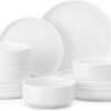 Full 12 piece porcelain dinnerware set for 4 featuring sleek white plates and cereal bowls.