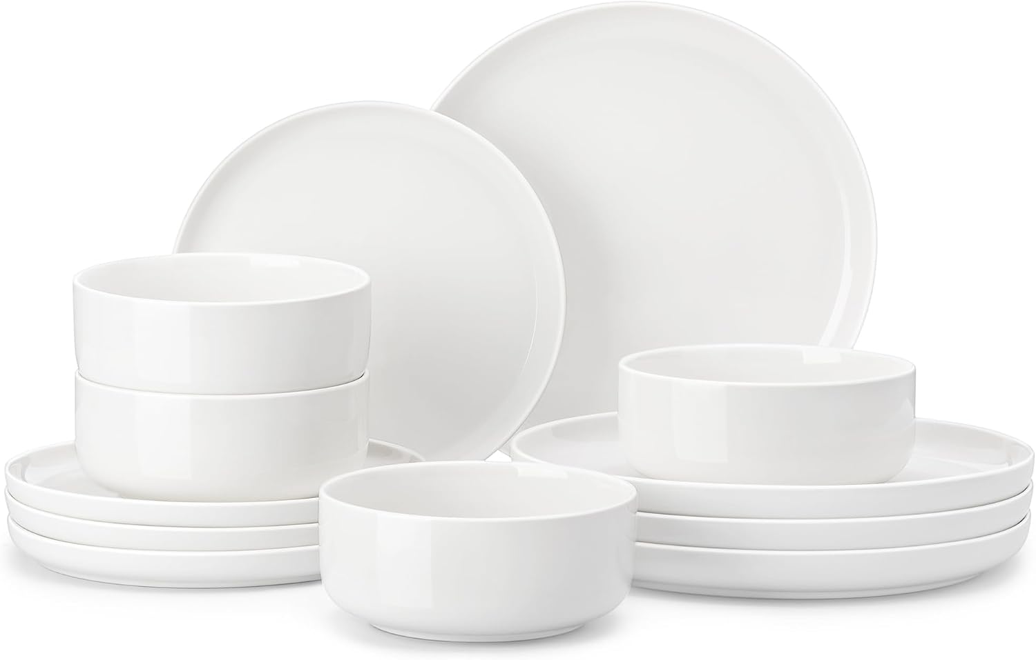 Full 12 piece porcelain dinnerware set for 4 featuring sleek white plates and cereal bowls.