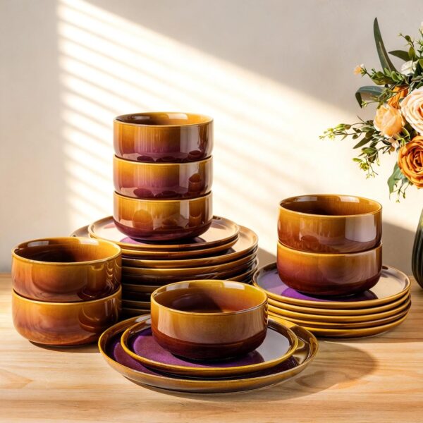 Ceramic Dinnerware Set for 8, 24-Piece Plates and Bowls Set