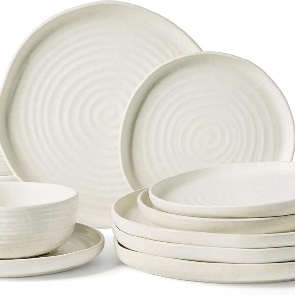 Famiware Pluto 12-Piece Stoneware Dinnerware Set, Matte Beige White