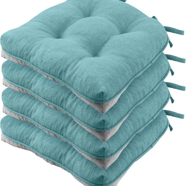Chair Cushions for Dining Chairs, Non-Slip Kitchen Chair Pads with Ties, Tufted Shredded Foam Kitchen Chair Cushions Set of 4, 15.5" X 15.5", Aqua Blue