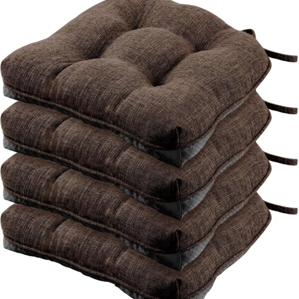 Chair Cushions for Dining Chairs, Non-Slip Kitchen Chair Pads with Ties, Tufted Shredded Foam Kitchen Chair Cushions Set of 4, 15.5" X 15.5", Brown