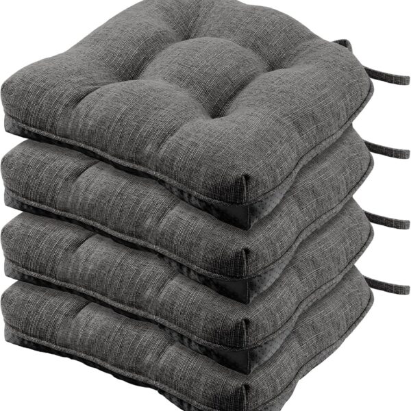 Chair Cushions for Dining Chairs, Non-Slip Kitchen Chair Pads with Ties, Tufted Shredded Foam Kitchen Chair Cushions Set of 4, 15.5" X 15.5", Dark Gray
