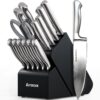 Astercook 15 piece knife set with wooden block and integrated blade sharpener on a kitchen counter