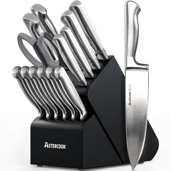 Astercook 15 Piece Knife Set with Built-in Sharpener Block