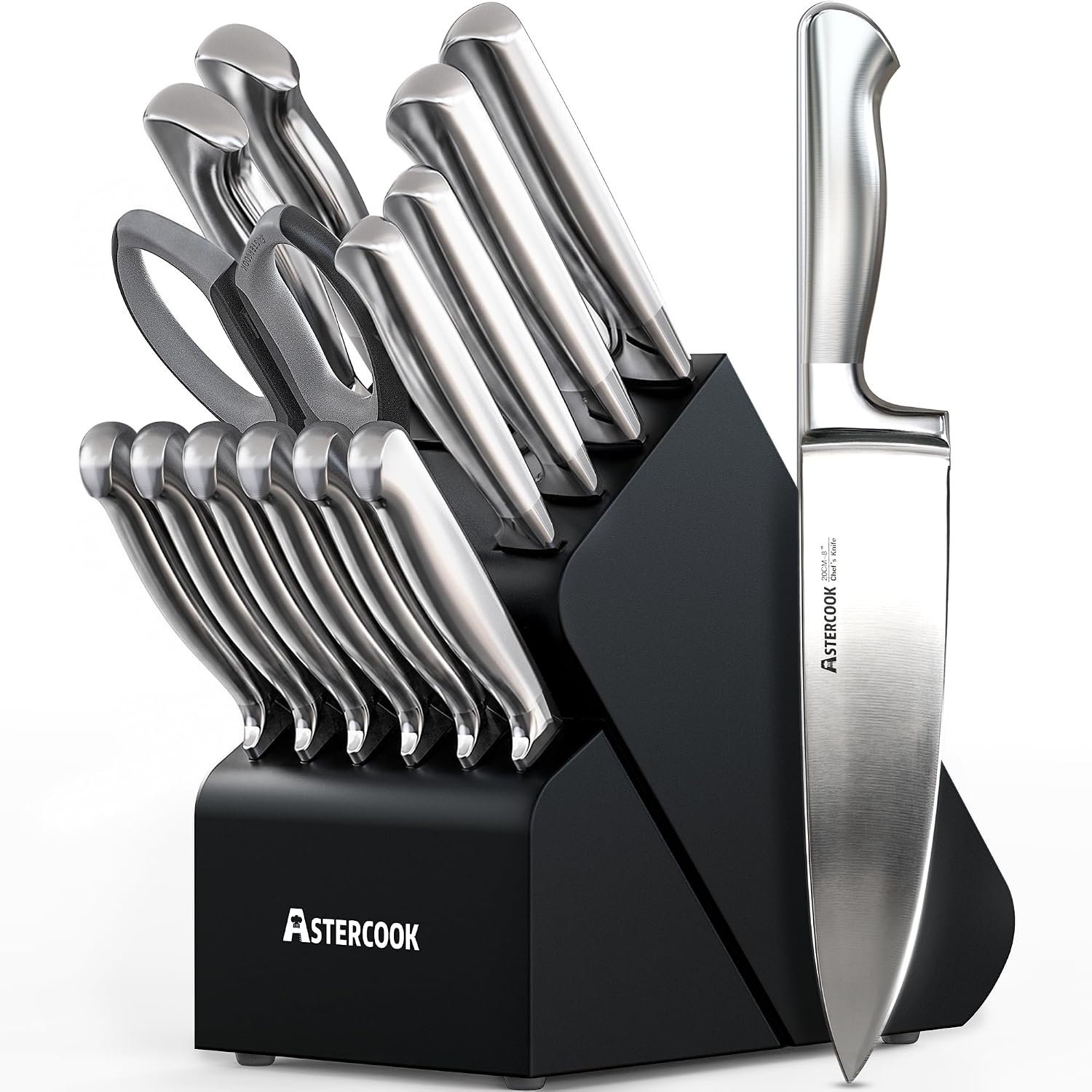 Astercook 15 piece knife set with wooden block and integrated blade sharpener on a kitchen counter