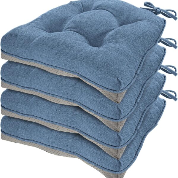 HARBOREST Chair Cushions for Dining Chairs Set of 4 - Chenille Tufted Kitchen Chair Cushions with Ties and Non-Slip Bottom, Foam Chair Pads for Dining Chairs, 17" x 17", Blue