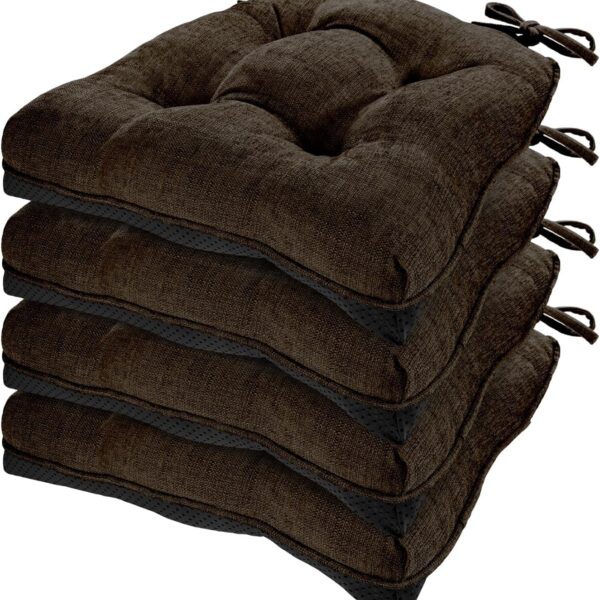 HARBOREST Chair Cushions for Dining Chairs Set of 4 - Chenille Tufted Kitchen Chair Cushions with Ties and Non-Slip Bottom, Foam Chair Pads for Dining Chairs, 17" x 17", Chocolate