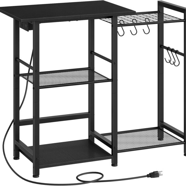 HOOBRO Bakers Rack with Power Outlet, Microwave Stand with Pots Rack, Kitchen Stand, Coffee Bar Table with 6 S Hooks, Kitchen Utility Storage Shelf for Spices, Pots, Black BB15UHB01G1