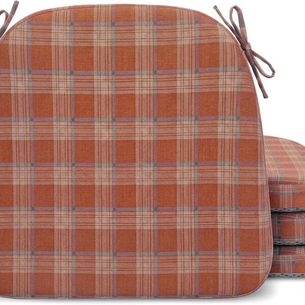Geetery Chair Cushions for Dining Chairs Set of 4, 17" x 16" x 2" Kitchen Chair Pads with Ties and Removable, D-Shaped Seat Cushions for Kitchen Home Room, Scottish Grid Design(Rust Red)