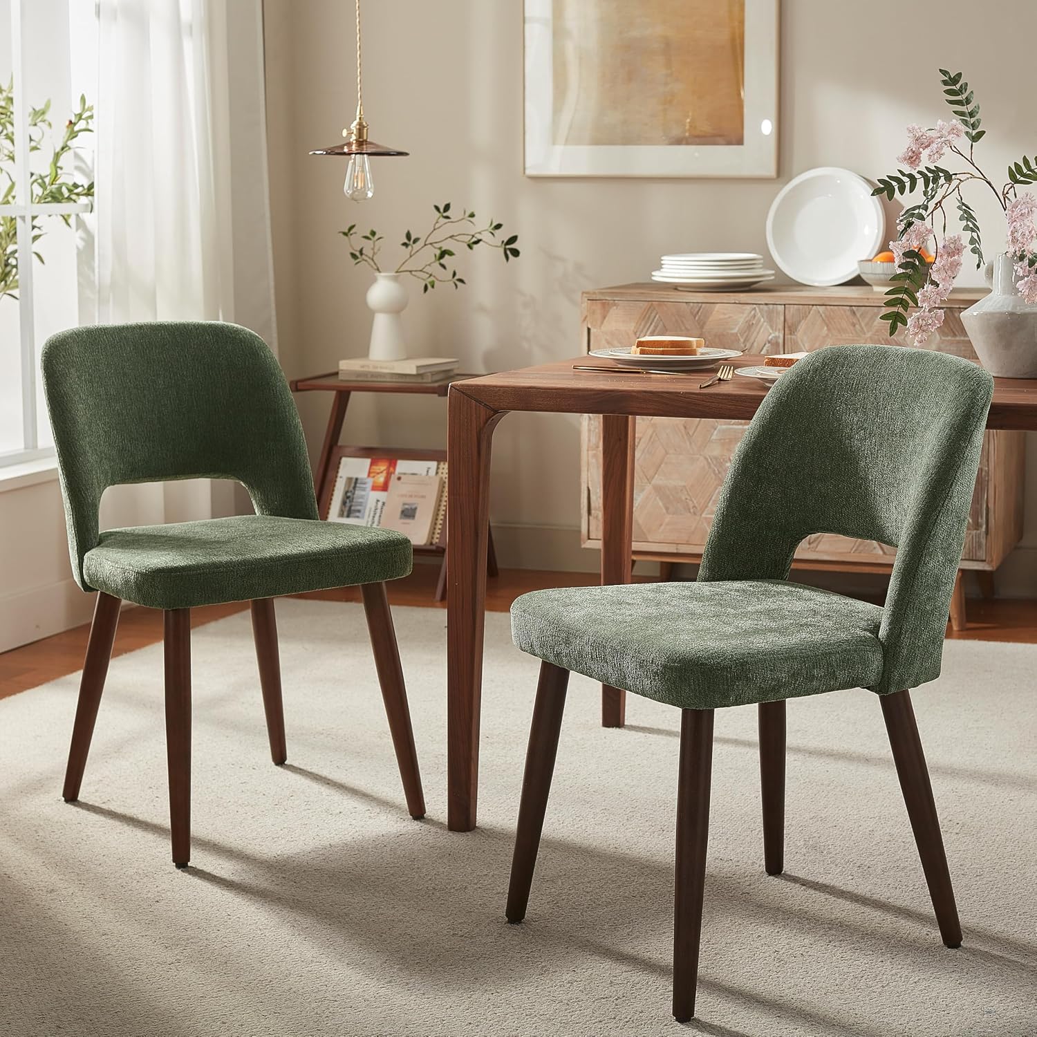 Usaint Wooden Dining Chairs Set of 2, Fabric Dining Room Chairs, Green