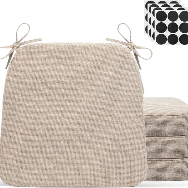 Chair Cushions for Dining Chairs - 17" x 16" x 2" D-Shaped Indoor Seat Cushions - Non Slip Chair Pads with Removable Ties and Washable Cover Set of 4 - Chair Leg Pads Included - Beige