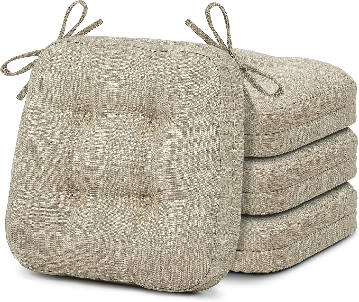 Dining Chair Cushions Set of 4, Dual-Layer Memory Foam Kitchen Chair Cushions, Patented Design Seat Pads with Ties, 16.5 x 16.5 x 3.5in, 4 Pack, Beige