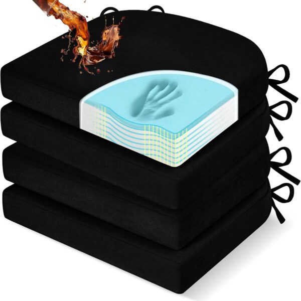 downluxe Chair Cushions for Dining Chairs, Memory Foam Linen Kitchen Chair Pads with Ties, Waterproof, Stain-Resistant and Washable Cover, 17" x 16" x 2.5", Black, 4 Pack