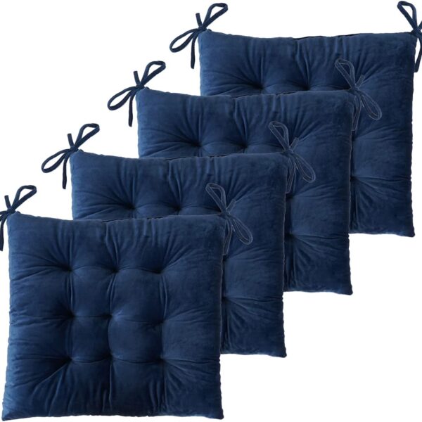 ELFJOY Set of 4 Square Chair Pads Indoor Seat Cushions Pillows with Ties Thick Soft Seat Cushion for Kitchen Dining Office Chair (18.8", Navy)