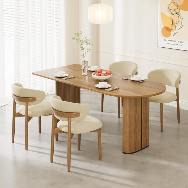 Wooden Dining Chairs Set of 4,Farmhouse Kitchen Chairs with Curved Back,Modern Fabric Upholstered Chairs for Dining Room,Beige