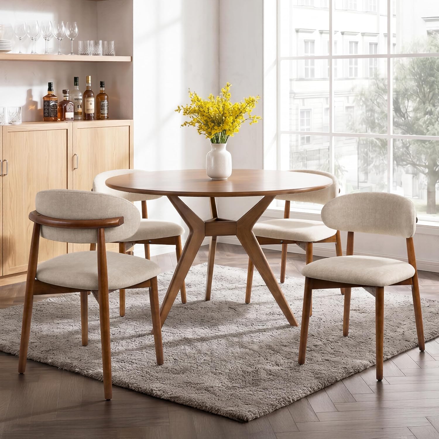 Farmhouse Dining Chairs Set of 8, Mid Century Modern Wooden Velvet Fabric Upholstered Kitchen Chairs with Curve Back, Dining Room Chairs for Living Room Restaurant Cafe with Brown Legs, Warm Gray