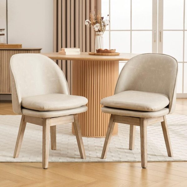 Swivel Dining Chairs Set of 2, Faux Leather Kitchen Chairs with Solid Wood Legs, Mid Century Modern Upholstered Dining Room Chair Armless Accent Chair for Kitchen/Restaurant - Pebble Grey