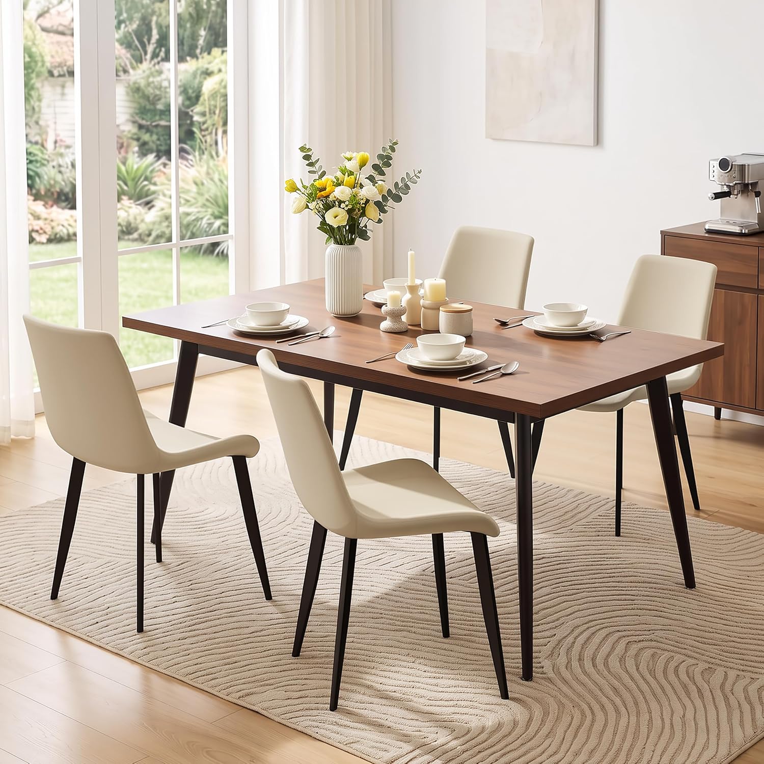 Modern Dining Chairs Set of 4, PU Leather Dining Room Chairs, Upholstered Kitchen Chairs with Ergonomic Backrest & Sturdy Metal Legs, Perfect for Dining Room, Restaurant, Beige