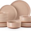 Full 12-piece MALACASA TARA pink stoneware dinnerware set arranged for four on a dining table