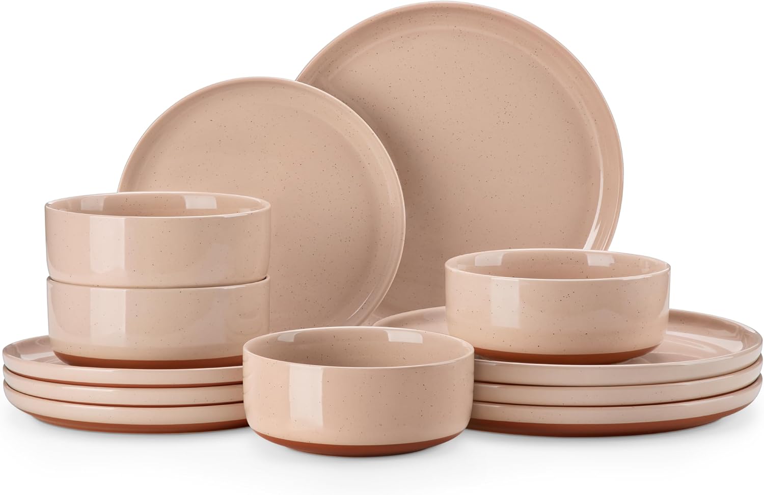 Full 12-piece MALACASA TARA pink stoneware dinnerware set arranged for four on a dining table