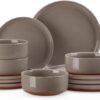 Full 12-piece MALACASA TARA stoneware dinnerware set for 4 featuring brown plates and cereal bowls.