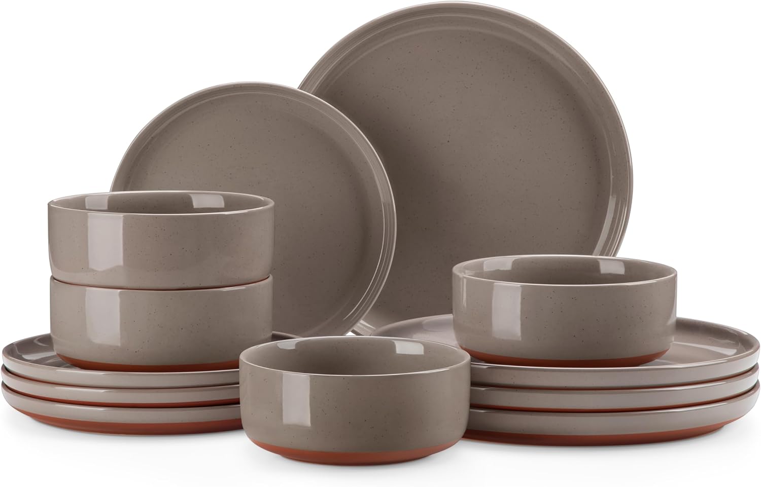 Full 12-piece MALACASA TARA stoneware dinnerware set for 4 featuring brown plates and cereal bowls.