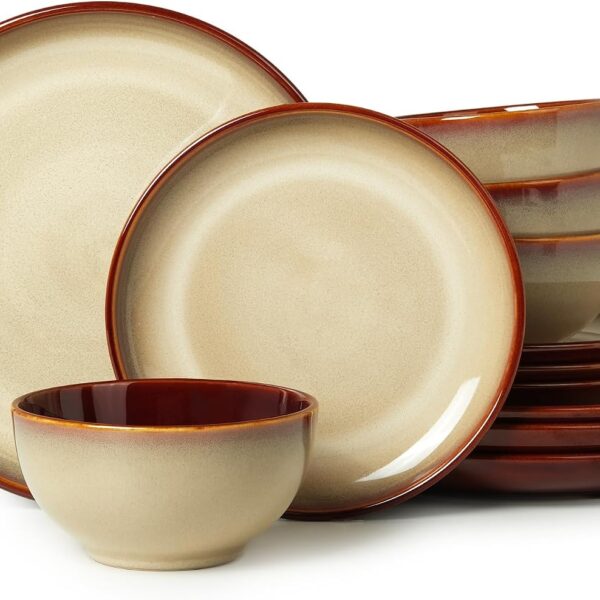 Pokini 12-Piece Reactive Glaze Dinnerware Set: Rustic Elegance