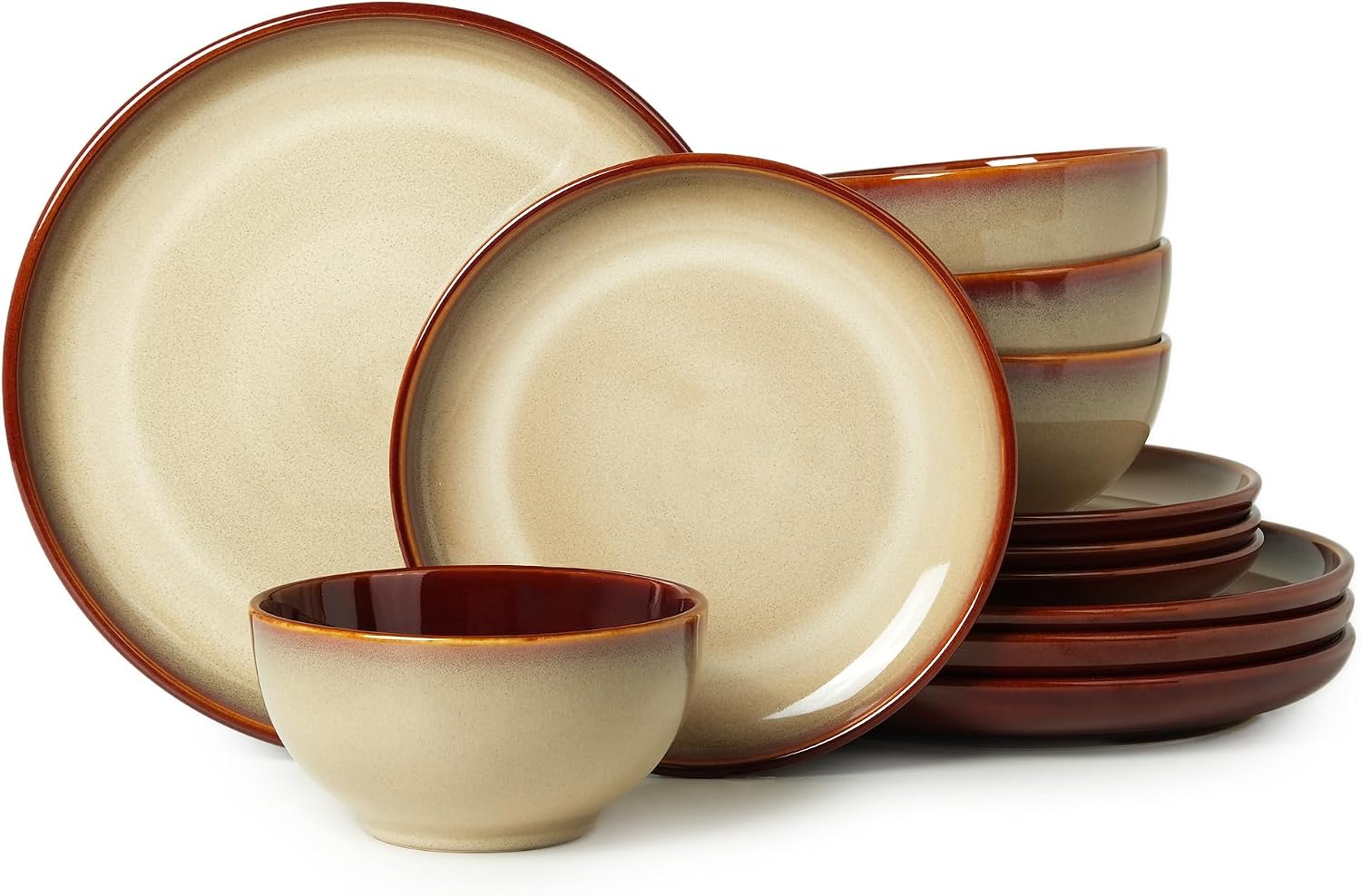 Pokini 12-piece reactive glaze dinnerware set showcasing unique textures on plates and bowls.