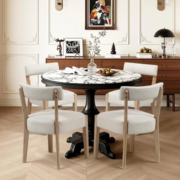 Modern Dining Chairs Set of 4 – Mid-Century Modern Faux Leather Upholstered Kitchen & Dining Room Chairs with Curved Back, Oversized Rounded Seat, Sturdy Wood Frame, Beige