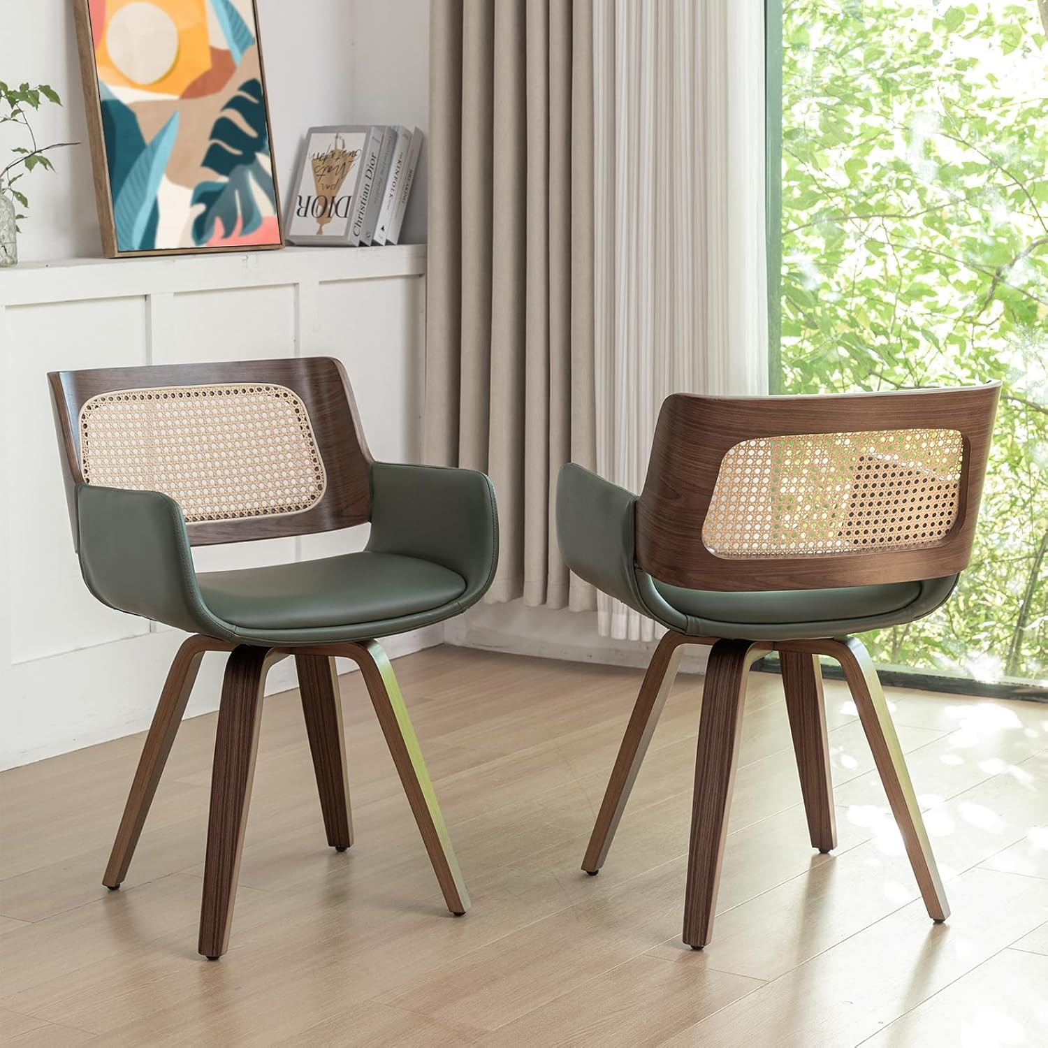 Rattan Dining Chairs with Arms, Swivel Dining Chairs with Walnut Finish