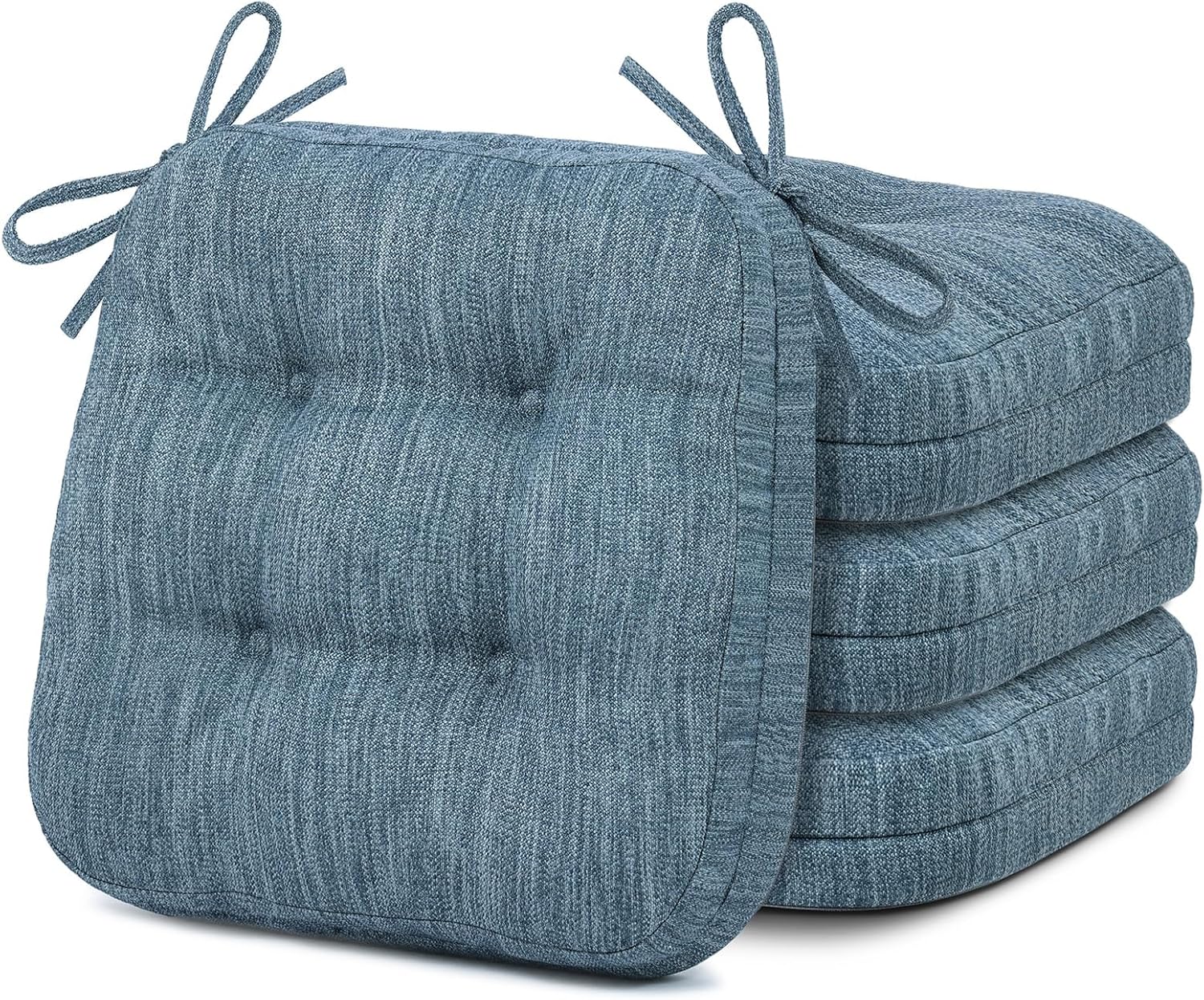 Kitchen Chair Cushions Set of 4, Dual-Layer Memory Foam Dining Chair Cushions, Patented Design Seat Pads with Ties, 16.5 x 16.5 x 3.5in, 4 Pack, Denim Blue