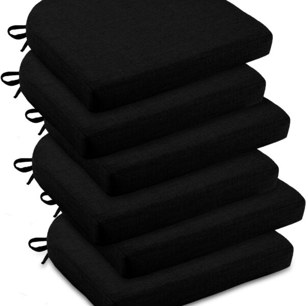 downluxe Indoor Chair Cushions for Dining Chairs, Soft and Comfortable Textured Foam Kitchen Chair Pads with Ties and Non-Slip Backing, 16" x 16" x 2", Black, 6 Pack