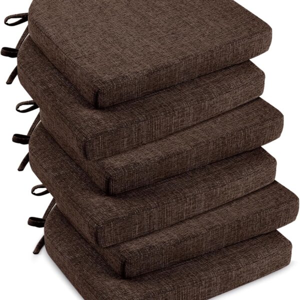 downluxe Indoor Chair Cushions for Dining Chairs, Soft and Comfortable Textured Foam Kitchen Chair Pads with Ties and Non-Slip Backing, 16" x 16" x 2", Brown, 6 Pack