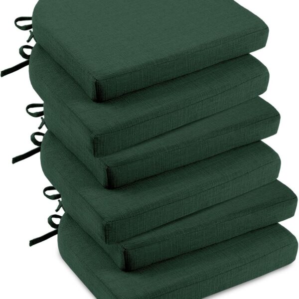 downluxe Indoor Chair Cushions for Dining Chairs, Soft and Comfortable Textured Foam Kitchen Chair Pads with Ties and Non-Slip Backing, 16" x 16" x 2", Dark Green, 6 Pack