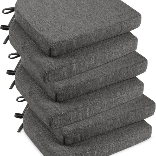 downluxe Indoor Chair Cushions for Dining Chairs, Soft and Comfortable Textured Foam Kitchen Chair Pads with Ties and Non-Slip Backing, 16" x 16" x 2", Dark Grey, 6 Pack