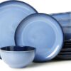 Pokini 12-piece reactive glaze dinnerware set displaying unique artisan patterns on each ceramic plate.