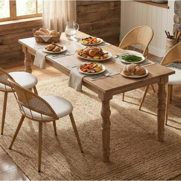 Rattan Dinner Chairs Set of 4 with Faux Leather Cushion, Modern Dining Room Chairs w/Adjustable Foot Pads, Kitchen Boho Chairs Mid Century Upholstered, White