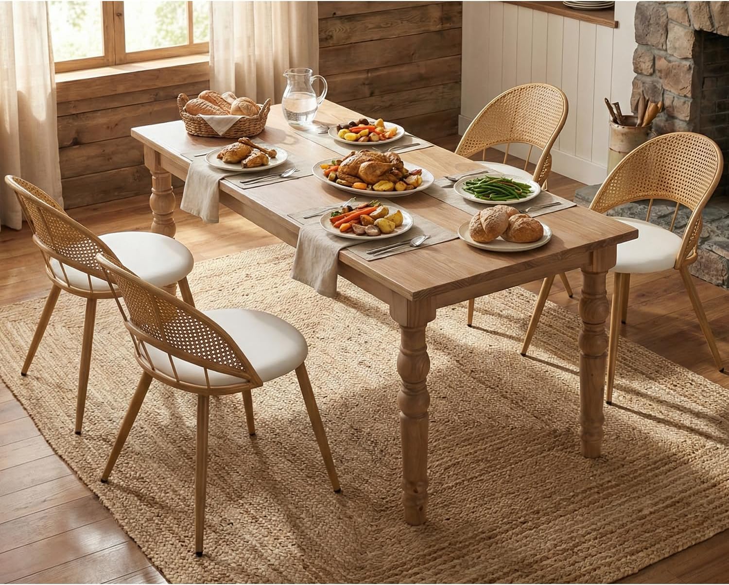 Rattan Dinner Chairs Set of 4 with Faux Leather Cushion, Modern Dining Room Chairs w/Adjustable Foot Pads, Kitchen Boho Chairs Mid Century Upholstered, White