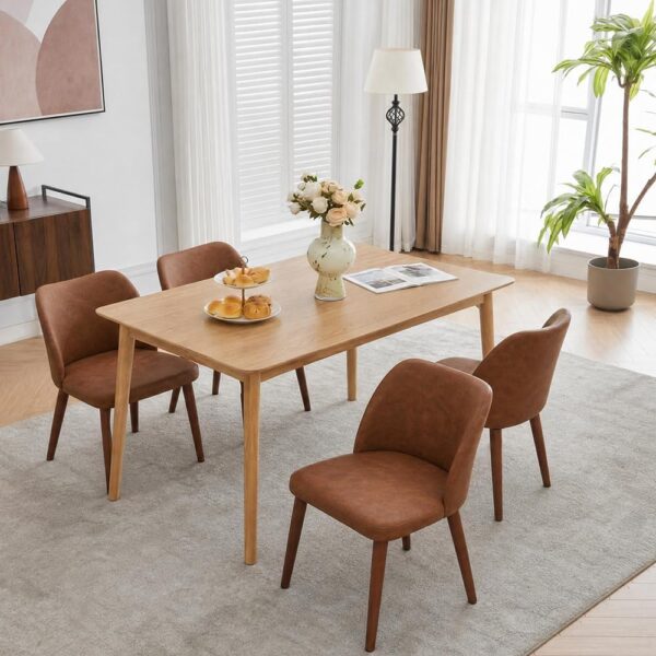 GarveeHome Leather Dining Chairs Set of 4 Upholstered PU Dining Chair with Wood Legs, Wing Backrest, Wooden Kitchen Chairs with Thick Cushions, Leveling Feet for Dining Room, Living Room, Brown