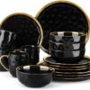 LOVECASA 16pc Black & Gold Porcelain Dinnerware Set: Elegant & Durable