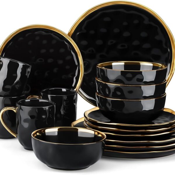 LOVECASA 16pc Black & Gold Porcelain Dinnerware Set: Elegant & Durable