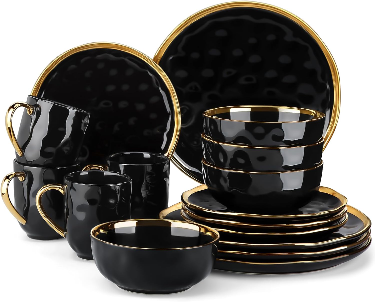 LOVECASA 16pc Black & Gold Porcelain Dinnerware Set: Elegant & Durable