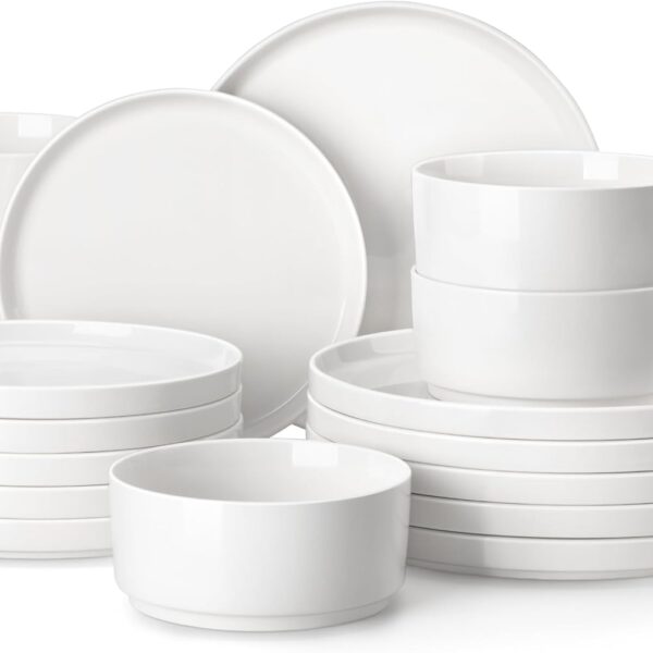 MALACASA 18 Pieces Porcelain Dinnerware Set, Modern White Dish Set for 6, Premium Serving Plates and Bowls Sets, Chip and Scratch Resistant Dishware Sets Kitchen Dishes Dining Ware Set, Series LEAH