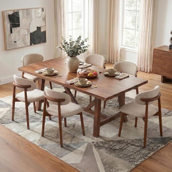 Mid Century Modern Dining Chairs Set of 6, Farmhouse Wooden Velvet Fabric Upholstered Kitchen Chairs with Curve Back, Dining Room Chairs for Living Room Restaurant Cafe with Brown Legs, Light Camel