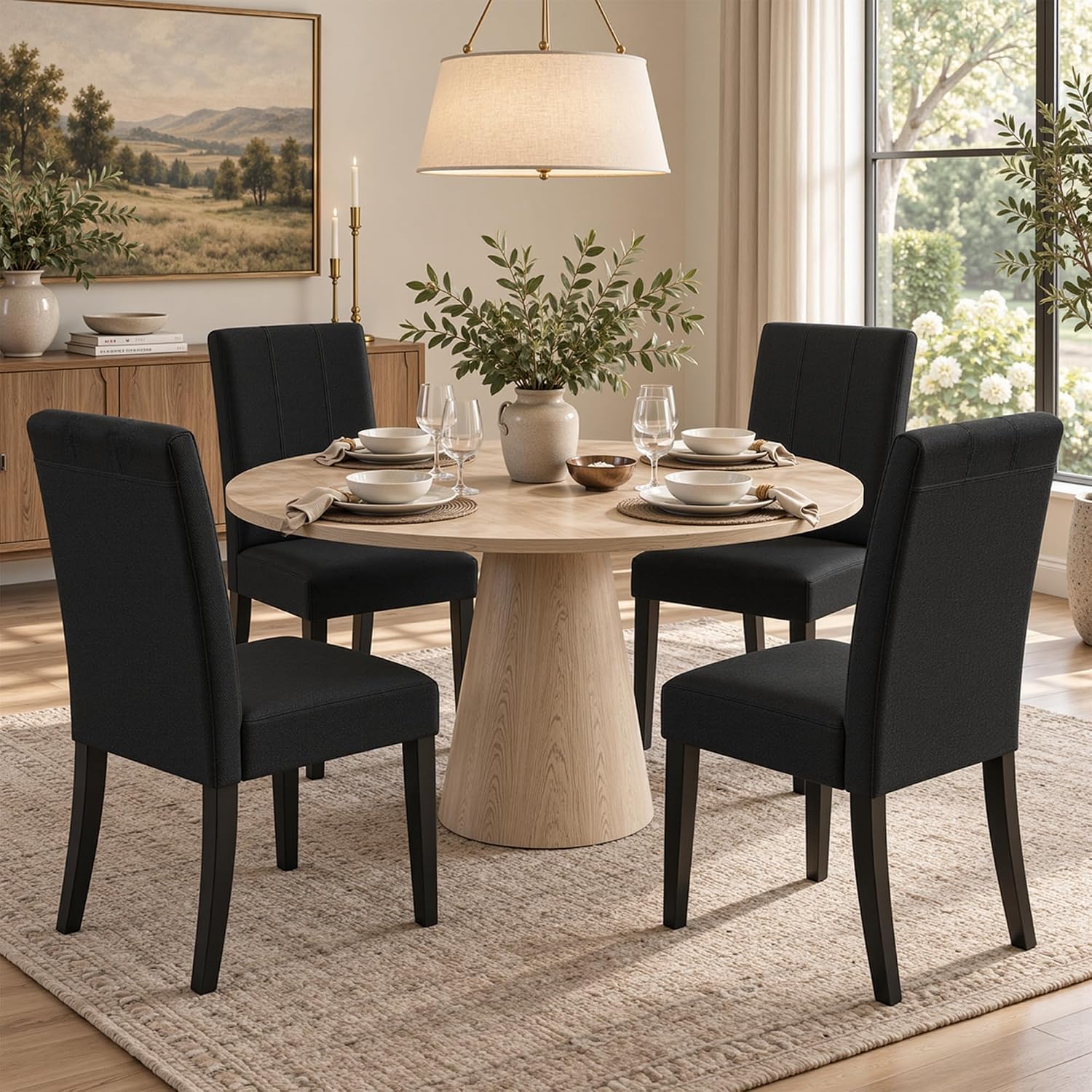 HOMYZOO Dining Chairs Set of 4, Upholstered Dining Room Chairs with Padded Seat & Solid Wood Legs, Modern Farmhouse Kitchen Chairs for Living Room/Restaurant/Cafe, Black