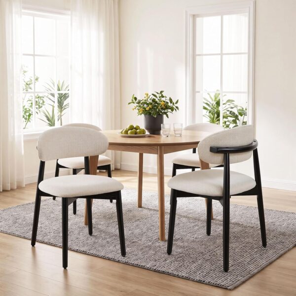 Farmhouse Dining Chairs Set of 4, Mid Century Modern Dining Room Chairs, Wooden Upholstered Kitchen Dinner Chairs for Living Room Restaurant Cafe, Black/Beige
