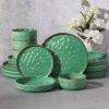 Full 16-piece E-far green stoneware dinnerware set arranged for a table setting for four