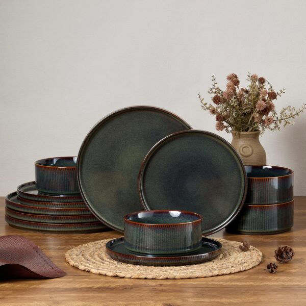 E-far 12-Piece Plates and Bowls Sets, Stoneware Dinnerware Dishes Set for 4