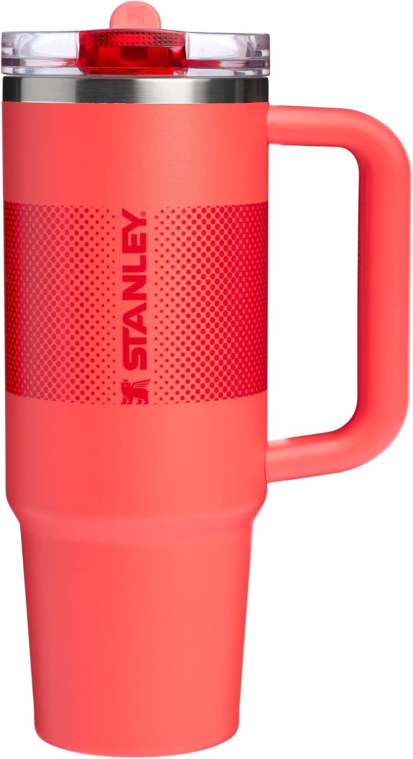 Stanley Quencher ProTour 30 oz flip straw tumbler in vibrant Hot Coral Fade finish, front profile view.